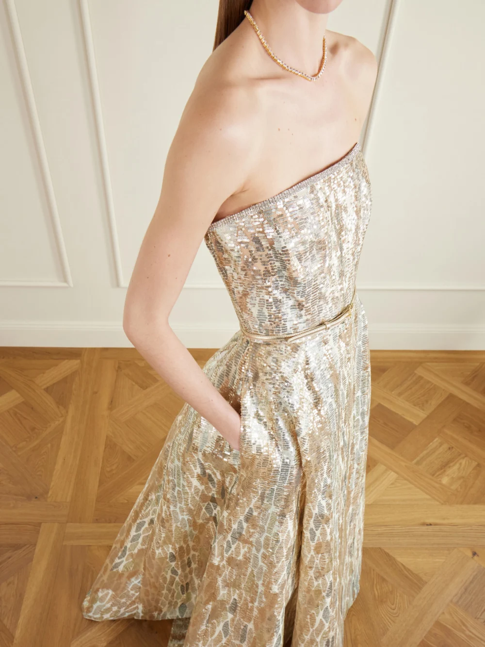 Close-up detail of the Elie Saab Strapless Belted Sequin-embellished Tulle Gown