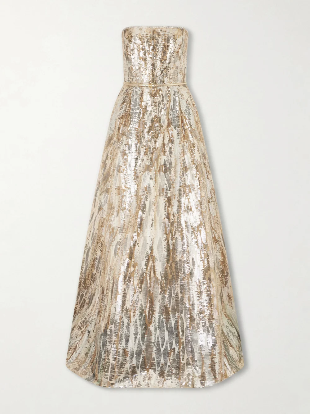 Elie Saab Strapless Belted Sequin-embellished Tulle Gown in metallic