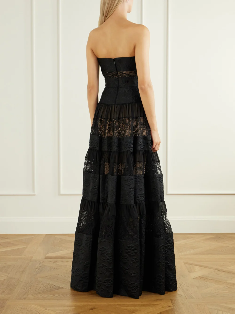 Back view of the Elie Saab Strapless Lace-trimmed Chiffon Gown