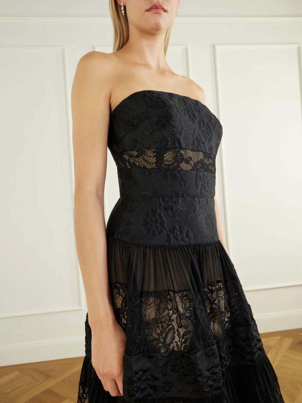 Close-up detail of the Elie Saab Strapless Lace-trimmed Chiffon Gown