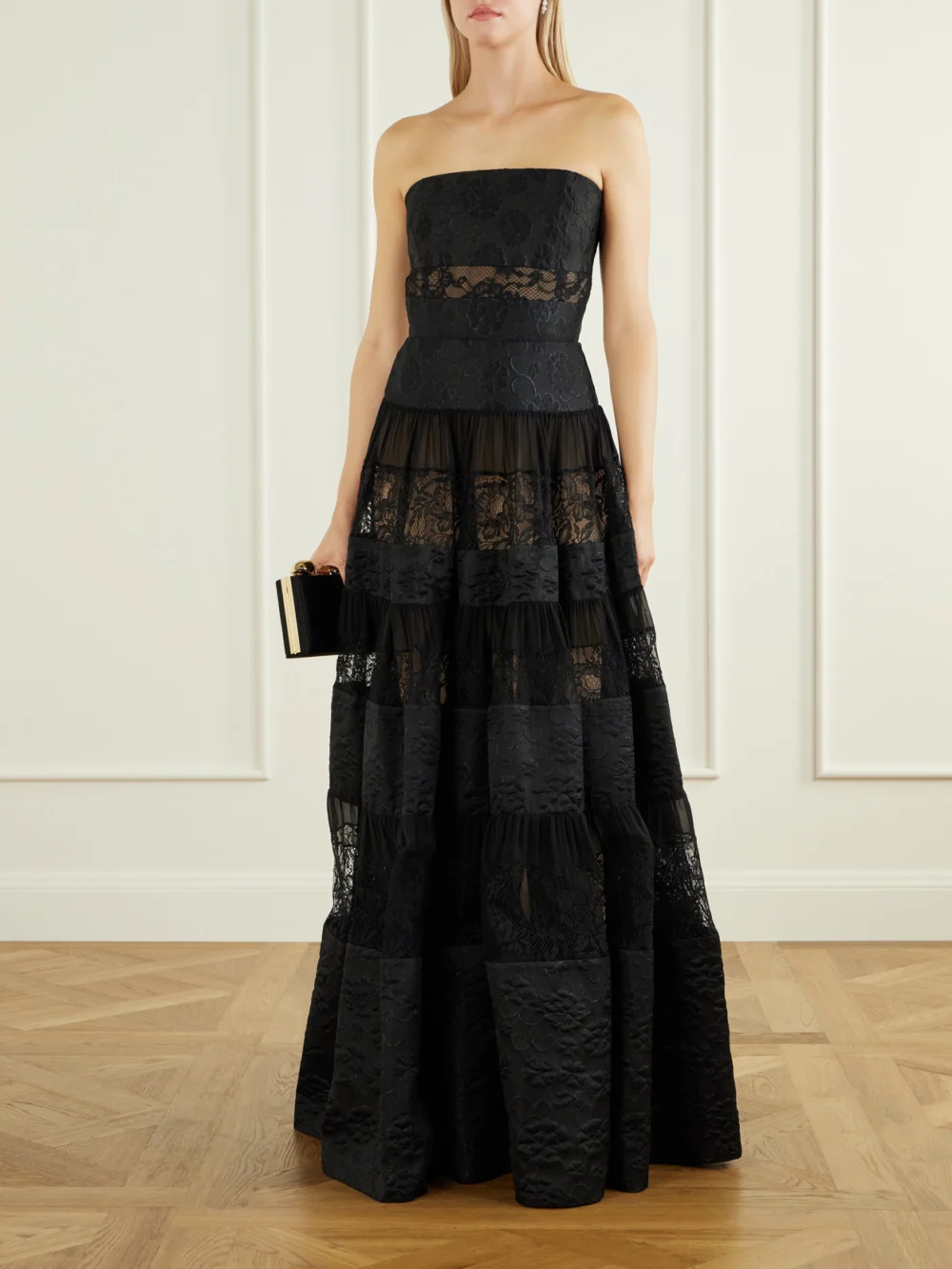 Elie Saab Strapless Lace-trimmed Chiffon Gown, worn by a model
