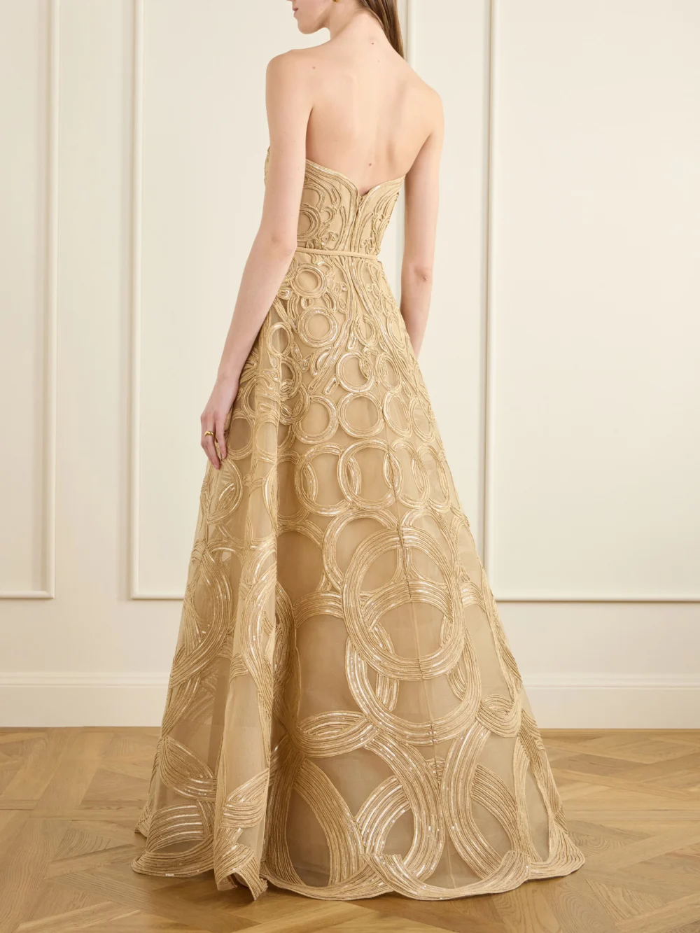 Back view of the Elie Saab Strapless Sequin-embellished Raffia-trimmed Tulle Midi Dress