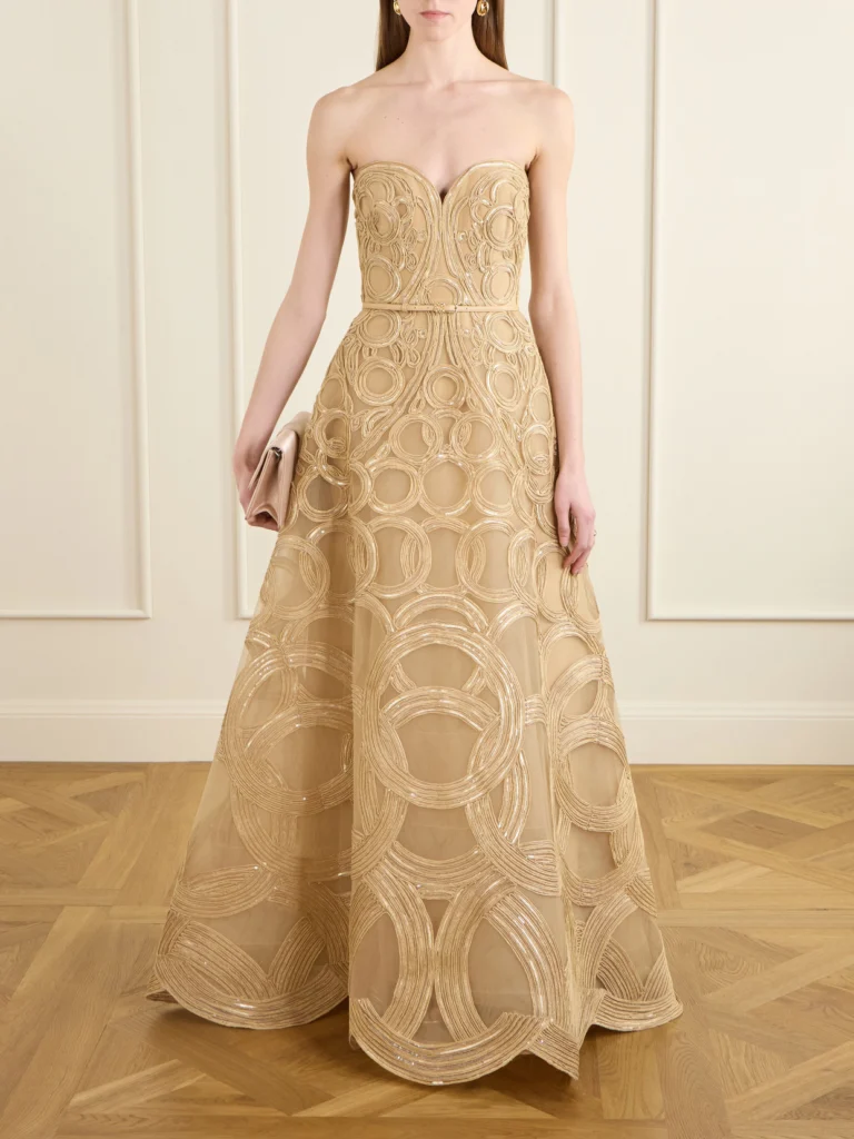 Elie Saab Strapless Sequin-embellished Raffia-trimmed Tulle Midi Dress