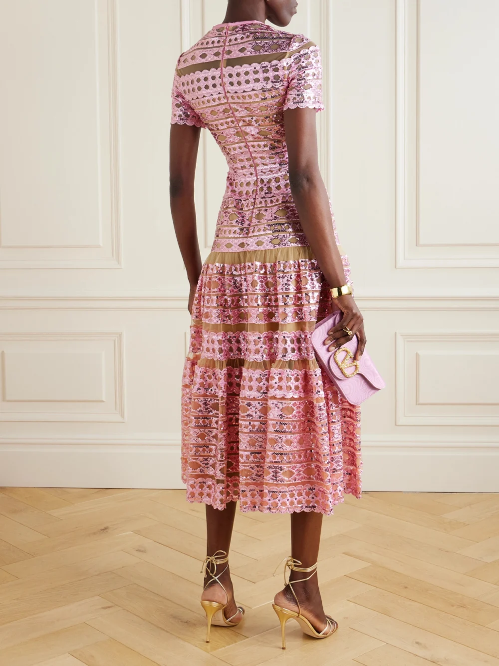 Back view of the Elie Saab Tiered Embroidered Sequined Tulle Midi Dress