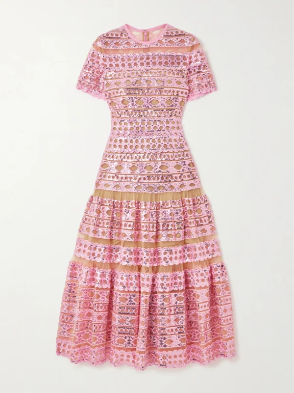 Elie Saab Tiered Embroidered Sequined Tulle Midi Dress