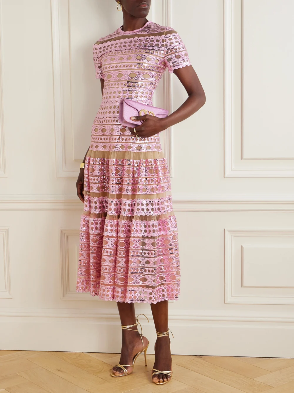 Elie Saab Tiered Embroidered Sequined Tulle Midi Dress, worn by a model