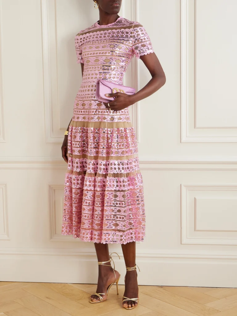 Elie Saab Tiered Embroidered Sequined Tulle Midi Dress