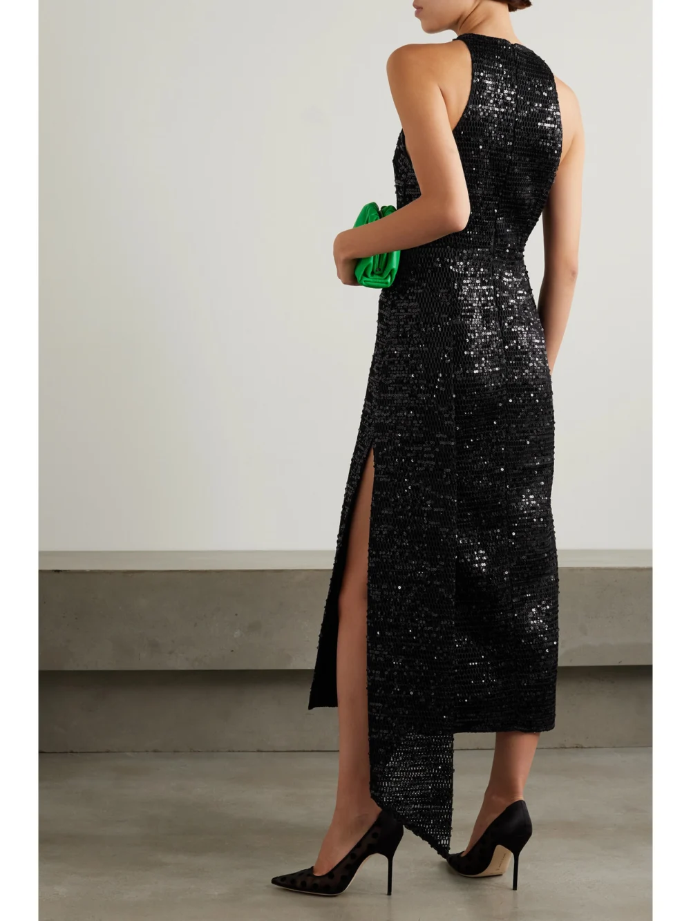 Back view of the Emilia Wickstead Cheska Asymmetric Sequined Mesh Midi Dress
