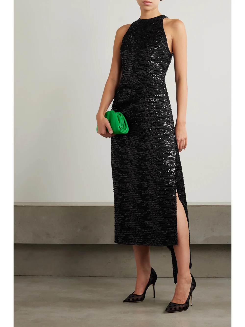 Emilia Wickstead Cheska Asymmetric Sequined Mesh Midi Dress, worn by a model