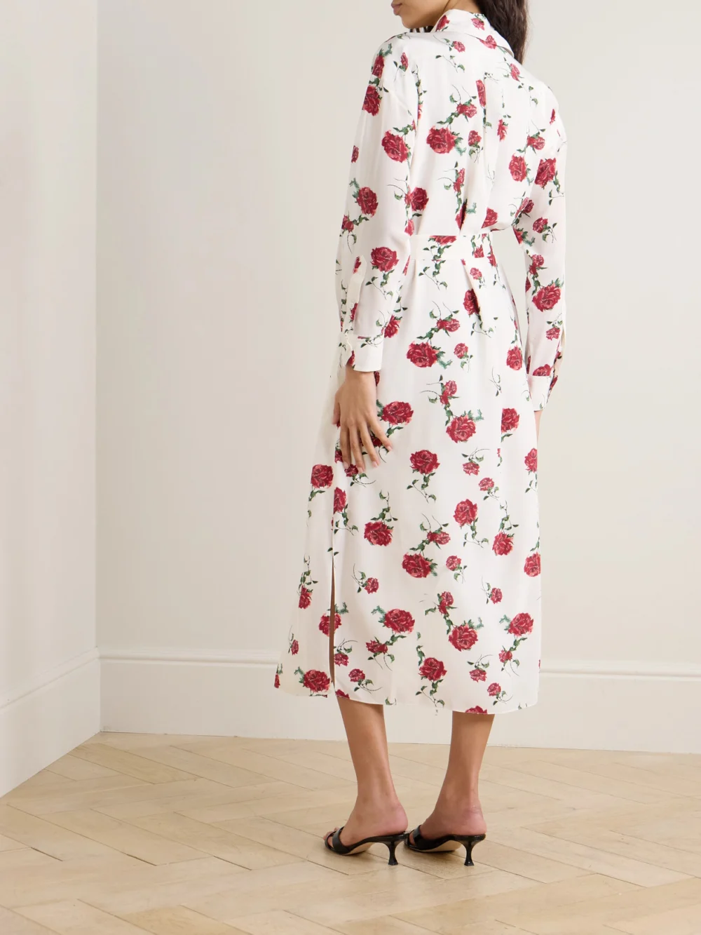 Back view of the Emilia Wickstead Deirdre Belted Floral-print Silk-crepe Midi Shirt Dress