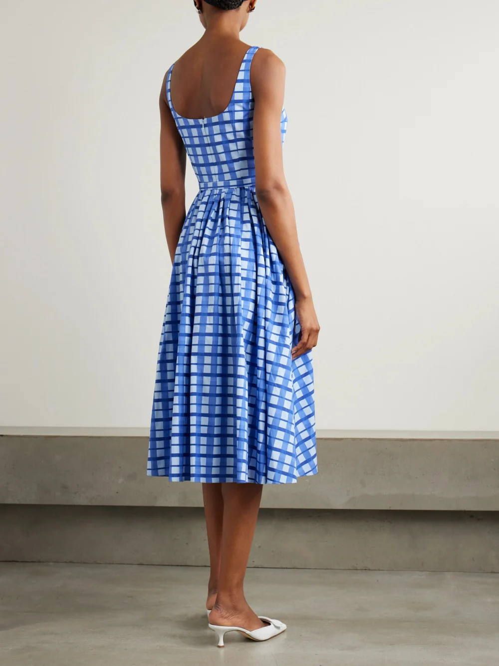 Back view of the Emilia Wickstead Eglantine Belted Pleated Checked Cotton-poplin Midi Dress