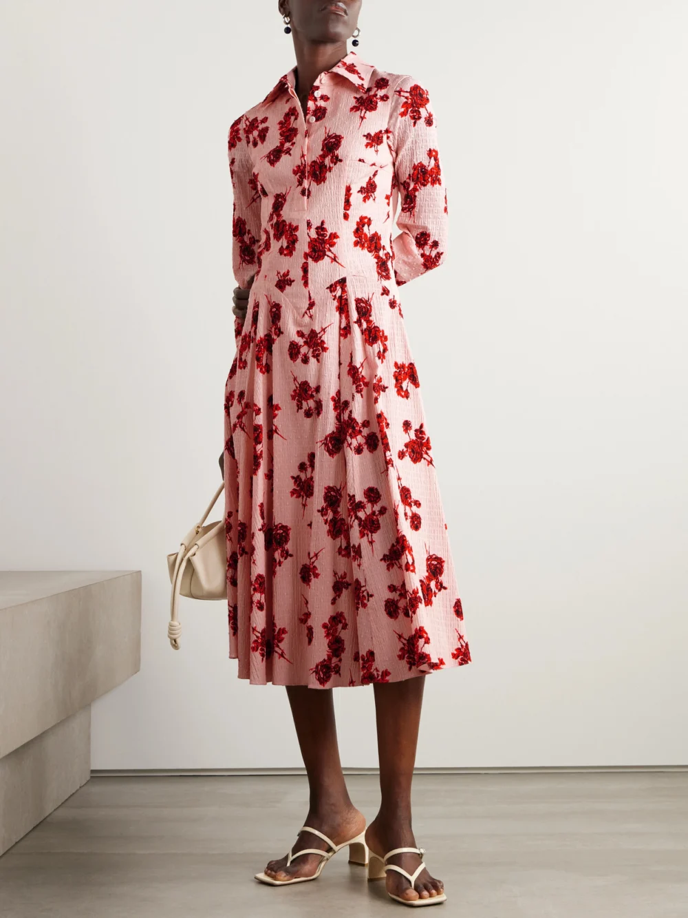 Emilia Wickstead Jancine Pleated Floral-print Cotton-blend Midi Shirt Dress, worn by a model