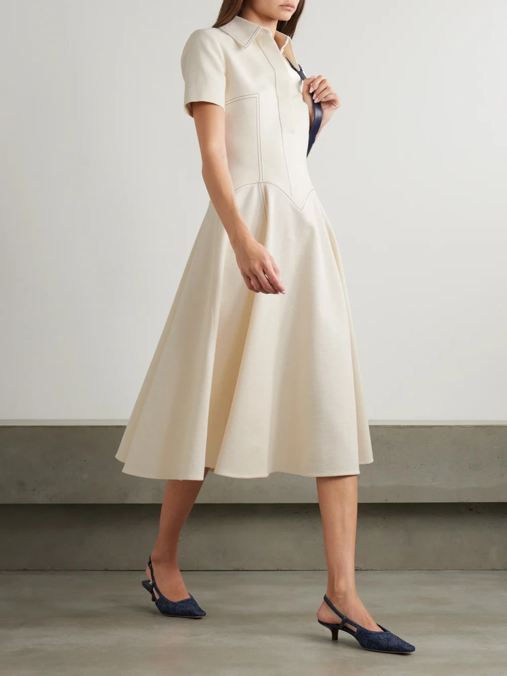 Emilia Wickstead Jody Paneled Topstitched Denim Midi Dress, worn by a model