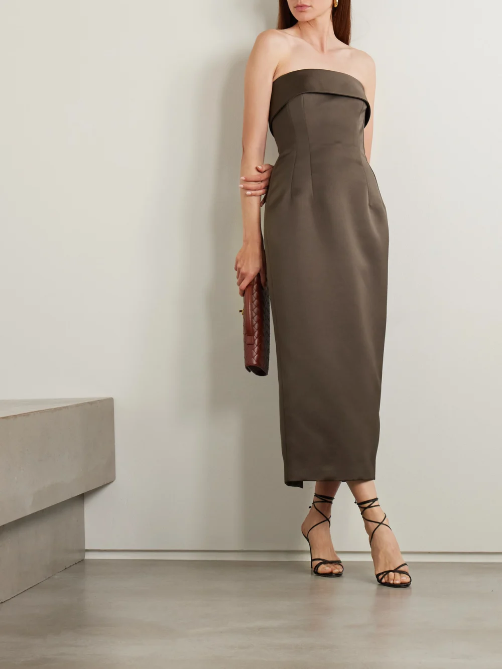 Emilia Wickstead Keeley Mudu Strapless Duchesse-satin Midi Dress, worn by a model