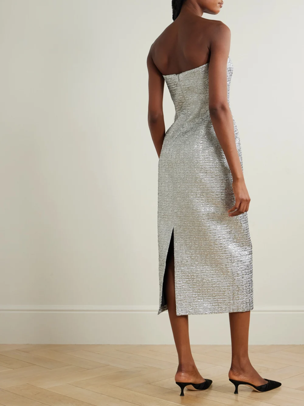 Back view of the Emilia Wickstead Leila Strapless Metallic Cloqué Midi Dress