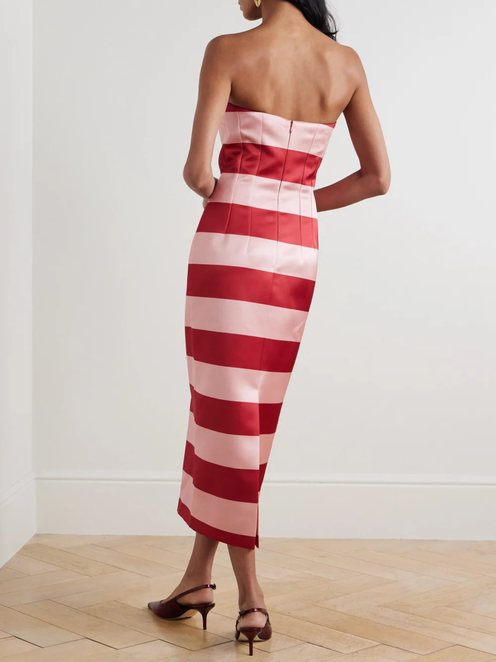 Back view of the Emilia Wickstead Leila Strapless Striped Duchesse-satin Midi Dress