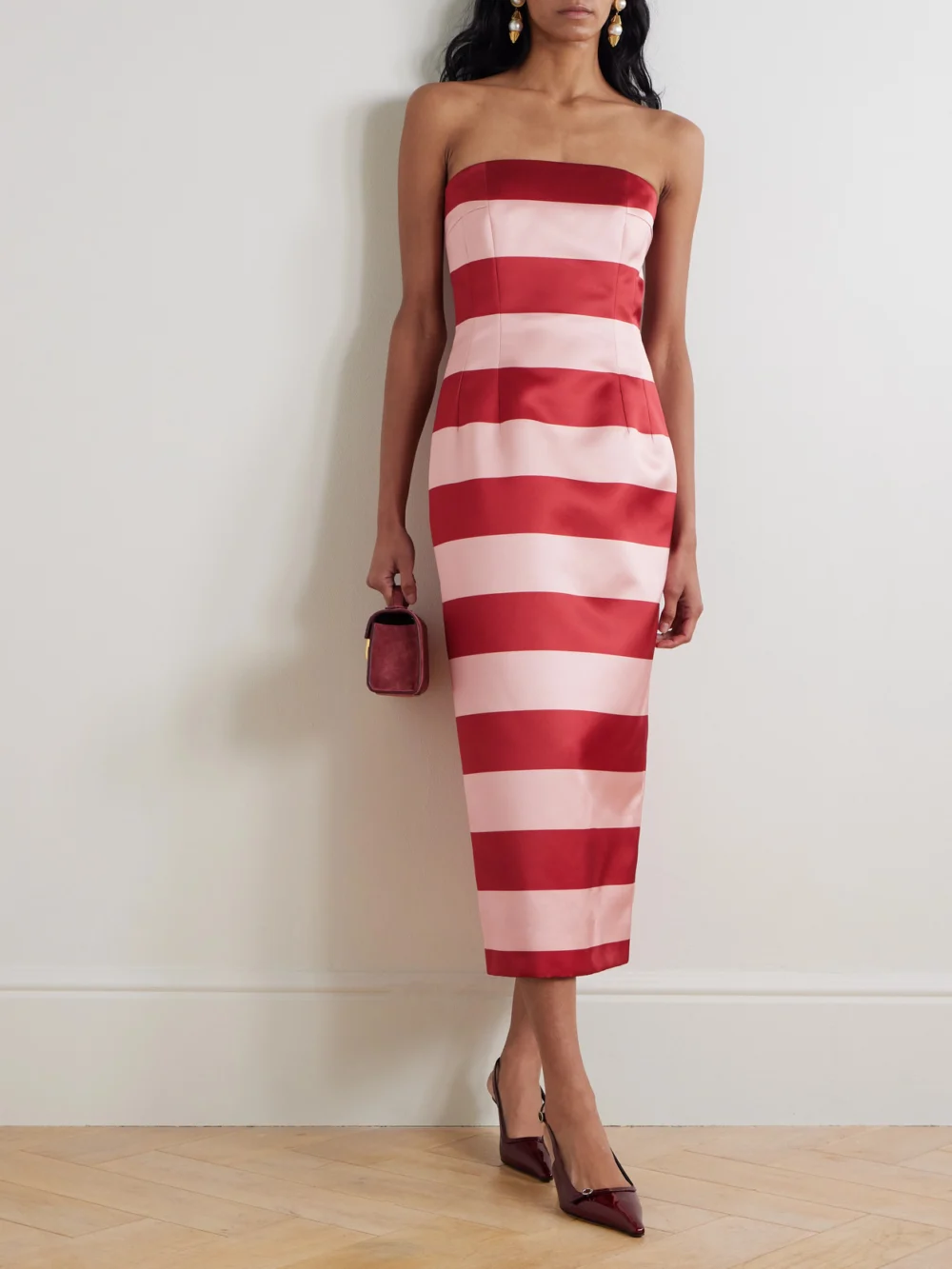 Emilia Wickstead Leila Strapless Striped Duchesse-satin Midi Dress, worn by a model