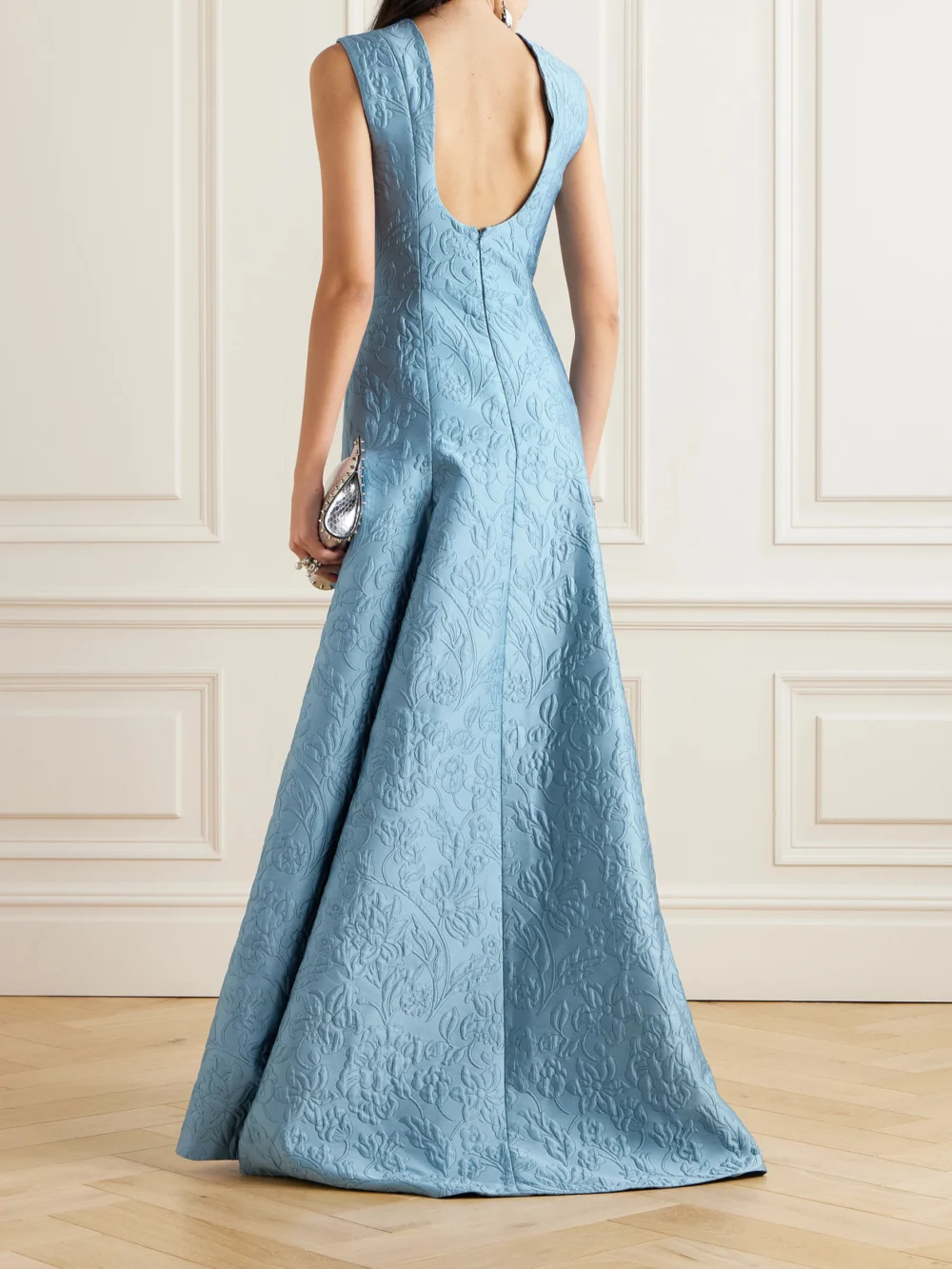 Back view of the Emilia Wickstead Malcolm Open-back Cloqué Maxi Dress