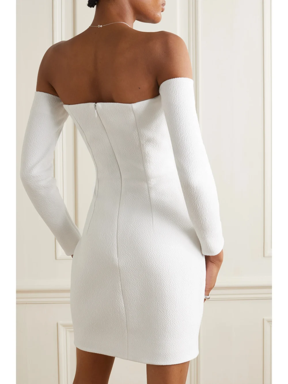 Back view of the Emilia Wickstead Murielle Off-the-shoulder Cloqué Mini Dress