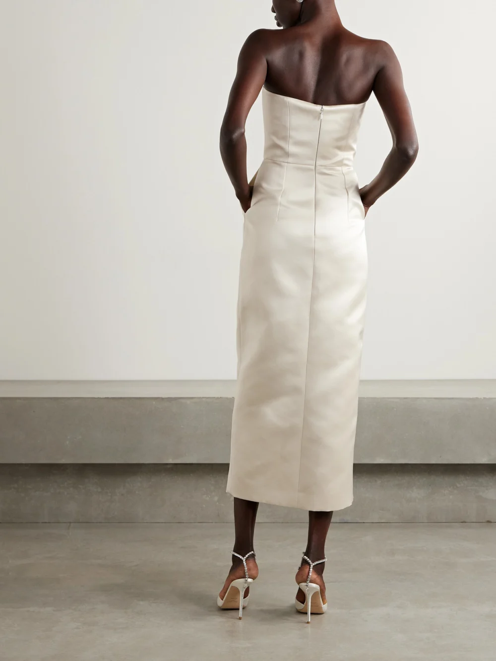 Back view of the Emilia Wickstead Pola Strapless Duchesse-satin Midi Dress