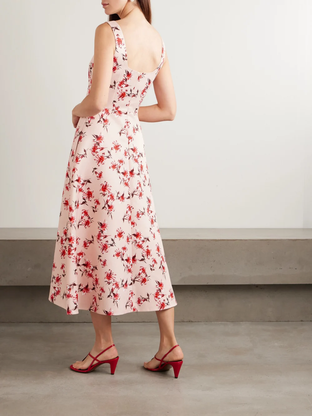 Back view of the Emilia Wickstead Shiloh Floral-print Faille Midi Dress