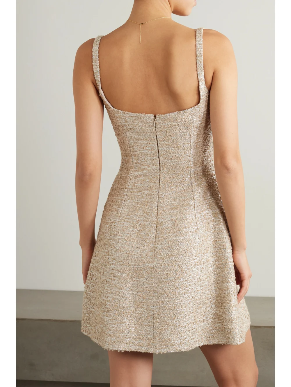 Back view of the Emilia Wickstead Tibby Metallic Bouclé-tweed Mini Dress