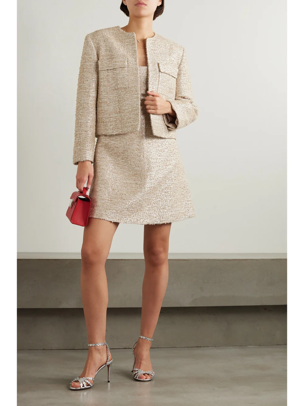 Emilia Wickstead Tibby Metallic Bouclé-tweed Mini Dress, worn by a model