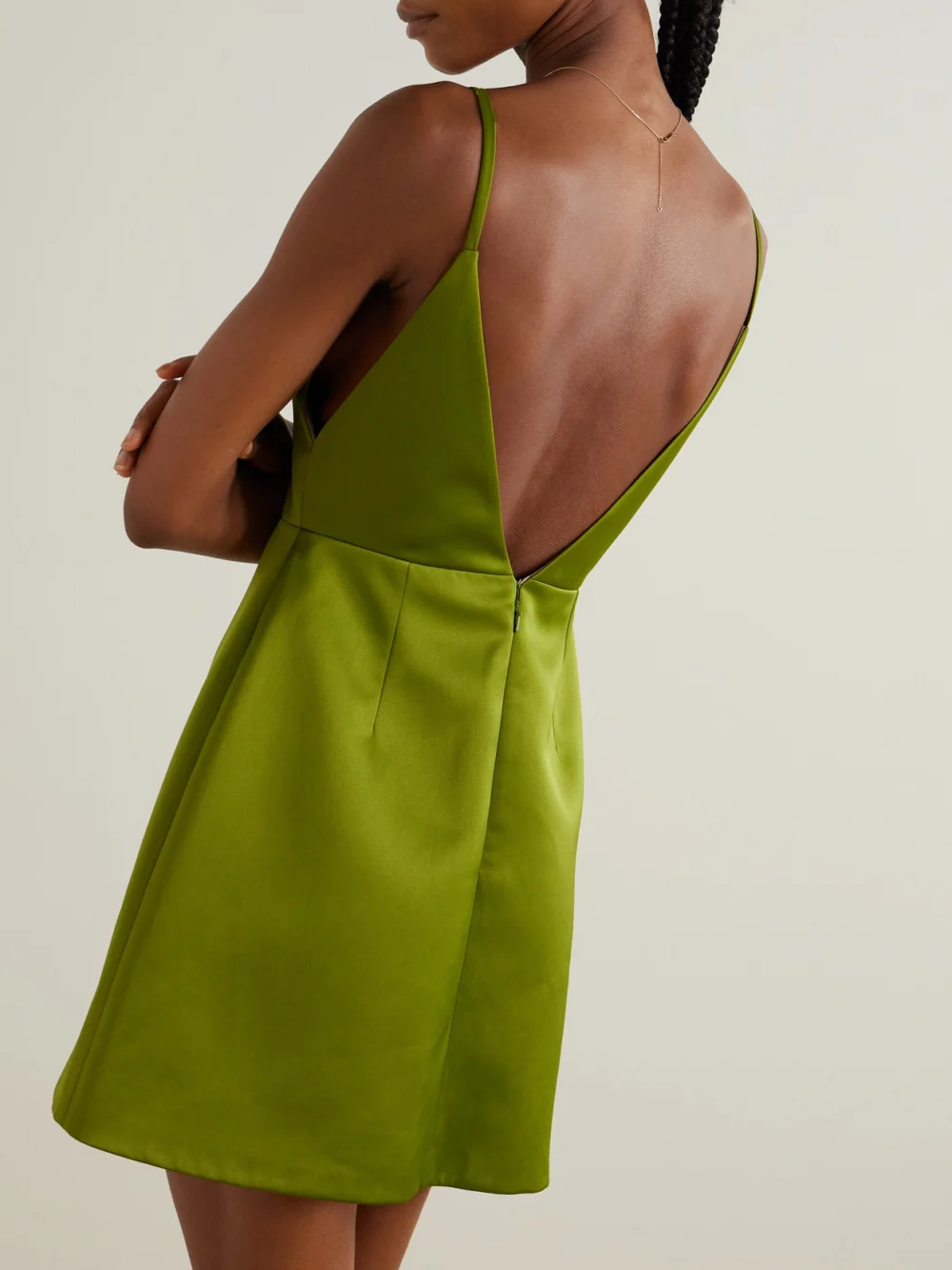 Back view of the Emilia Wickstead Vero Open-back Recycled-satin Mini Dress