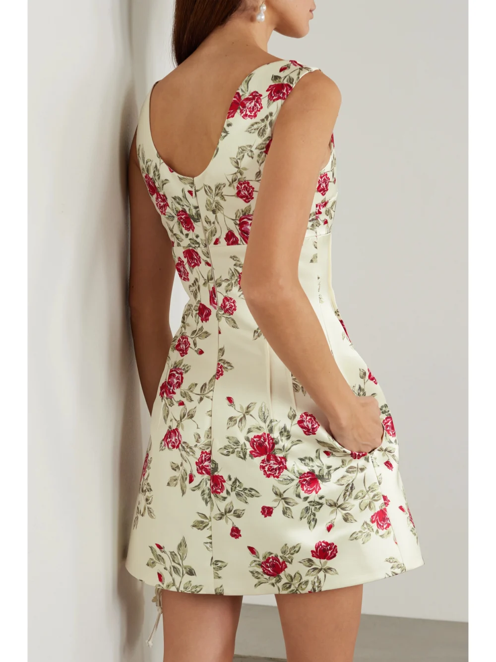 Back view of the Emilia Wickstead Zephyr Floral-print Duchesse-satin Mini Dress