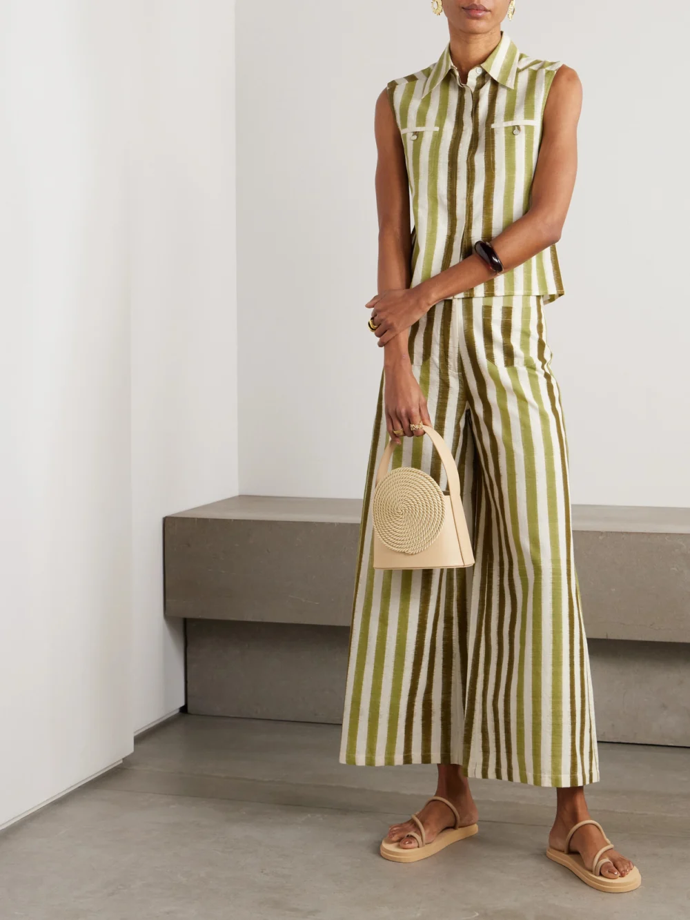 Emporio Sirenuse Adele Striped Cotton Wide-leg Pants, worn by a model