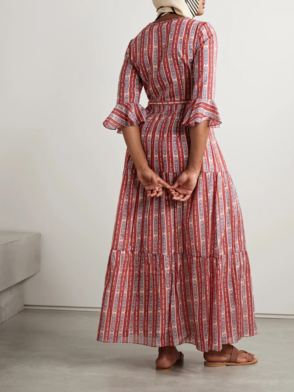 Back view of the Emporio Sirenuse Bella Printed Embroidered Cotton-voile Midi Dress
