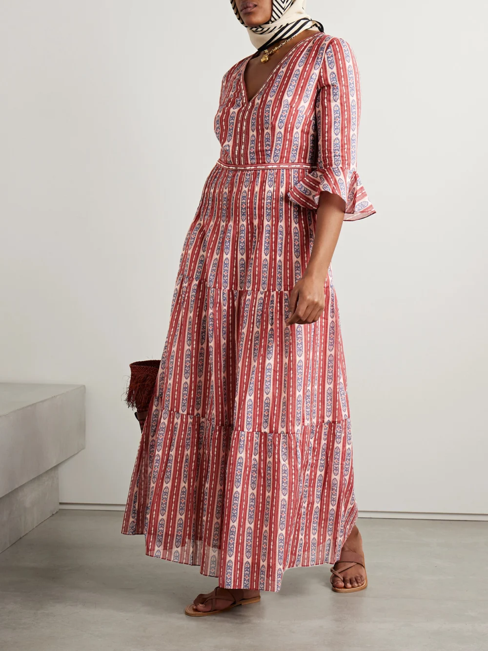 Emporio Sirenuse Bella Printed Embroidered Cotton-voile Midi Dress, worn by a model