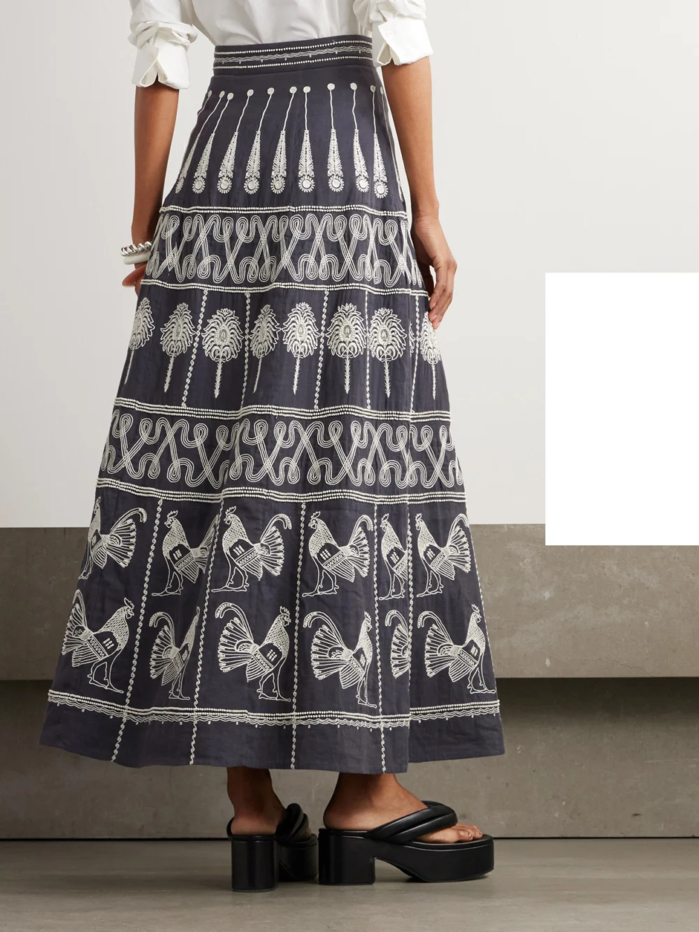 Back view of the Emporio Sirenuse Camille Embellished Embroidered Cotton-blend Maxi Skirt