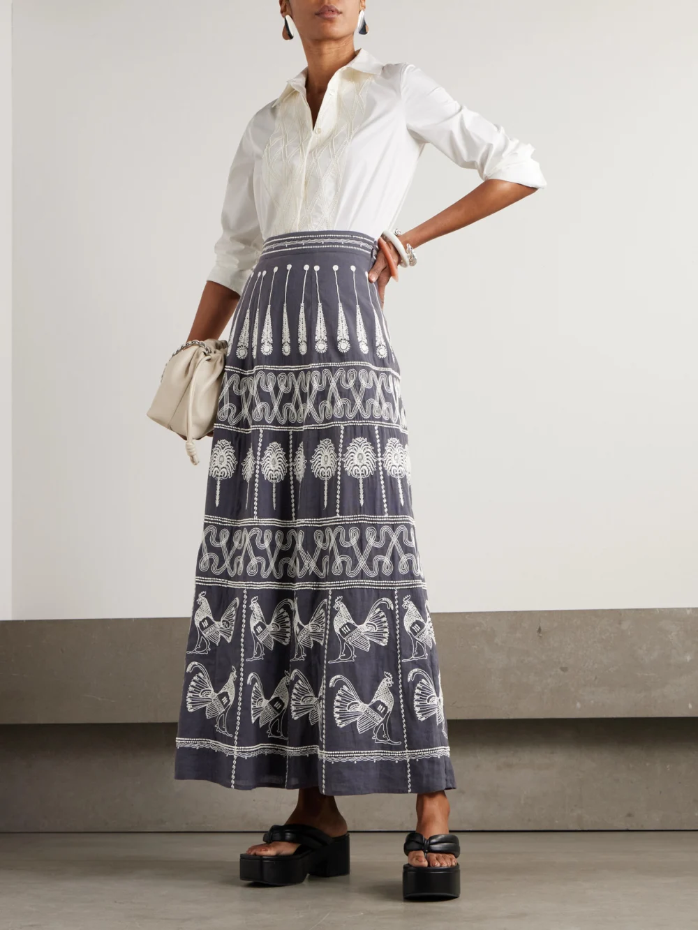 Emporio Sirenuse Camille Embellished Embroidered Cotton-blend Maxi Skirt, worn by a model