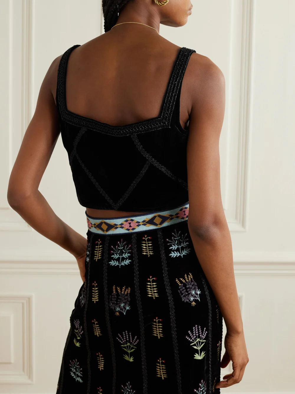 Back view of the Emporio Sirenuse Cindarella Cropped Bead-embellished Embroidered Velvet Top
