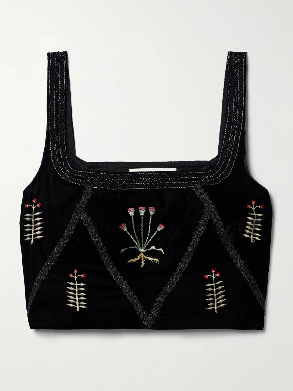 Emporio Sirenuse Cindarella Cropped Bead-embellished Embroidered Velvet Top in black