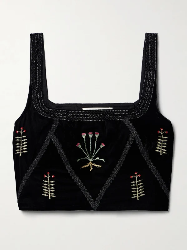 Emporio Sirenuse Cindarella Cropped Bead-embellished Embroidered Velvet Top