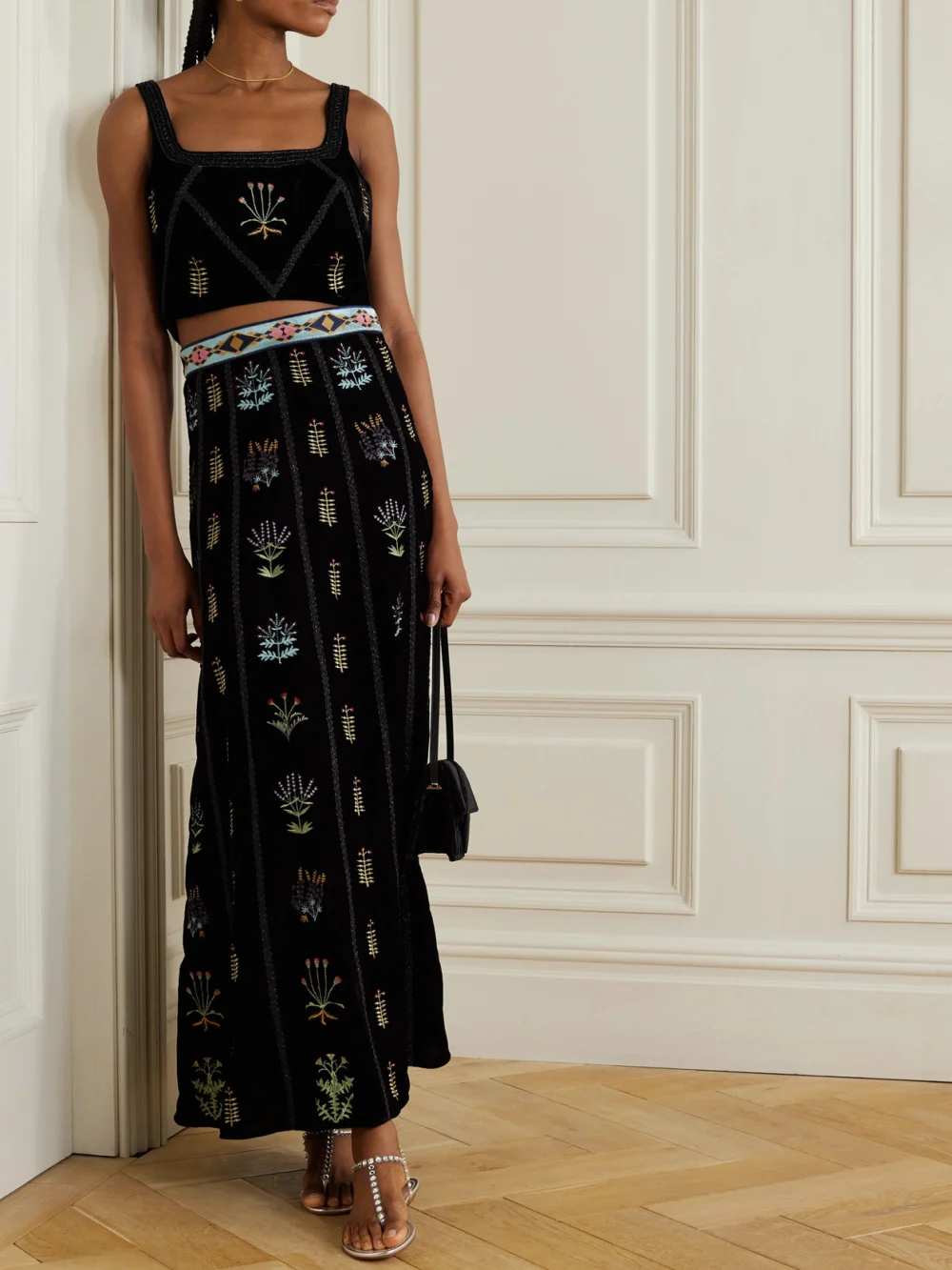 Emporio Sirenuse Cindarella Cropped Bead-embellished Embroidered Velvet Top, worn by a model