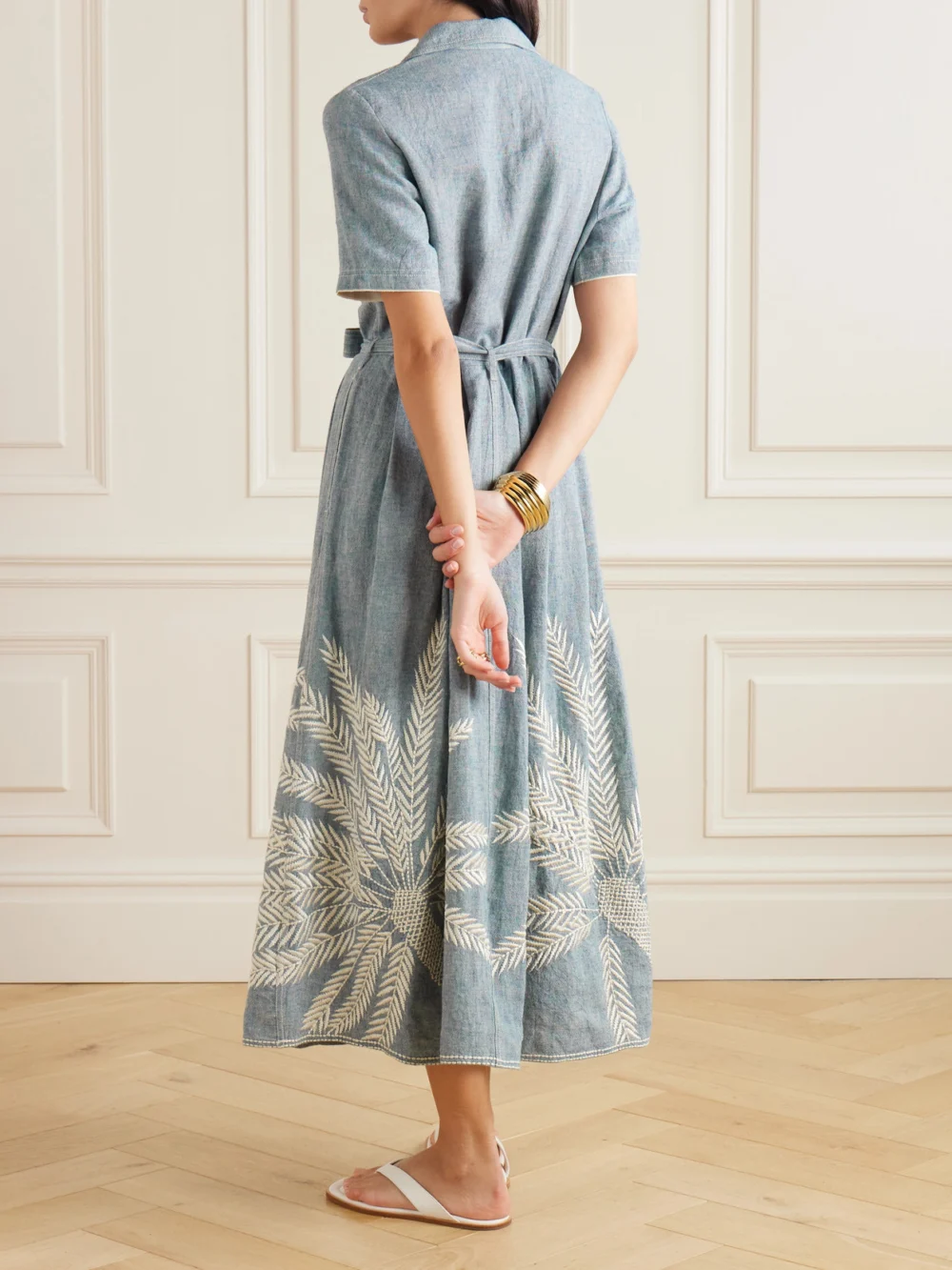 Back view of the Emporio Sirenuse Claudia Palm Belted Embroidered Ramie and Linen-blend Midi Dress