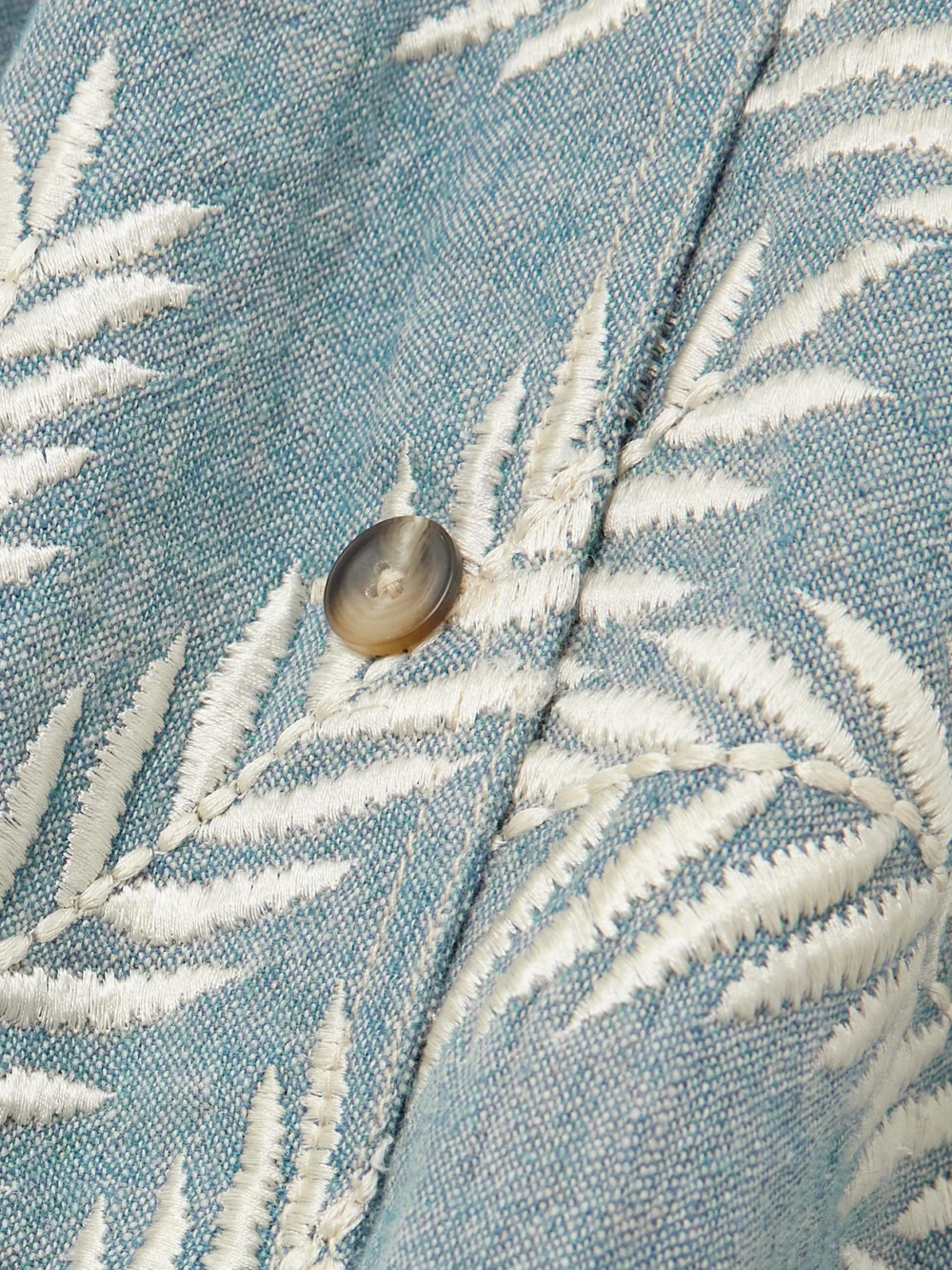 Close-up detail of the Emporio Sirenuse Claudia Palm Belted Embroidered Ramie and Linen-blend Midi Dress