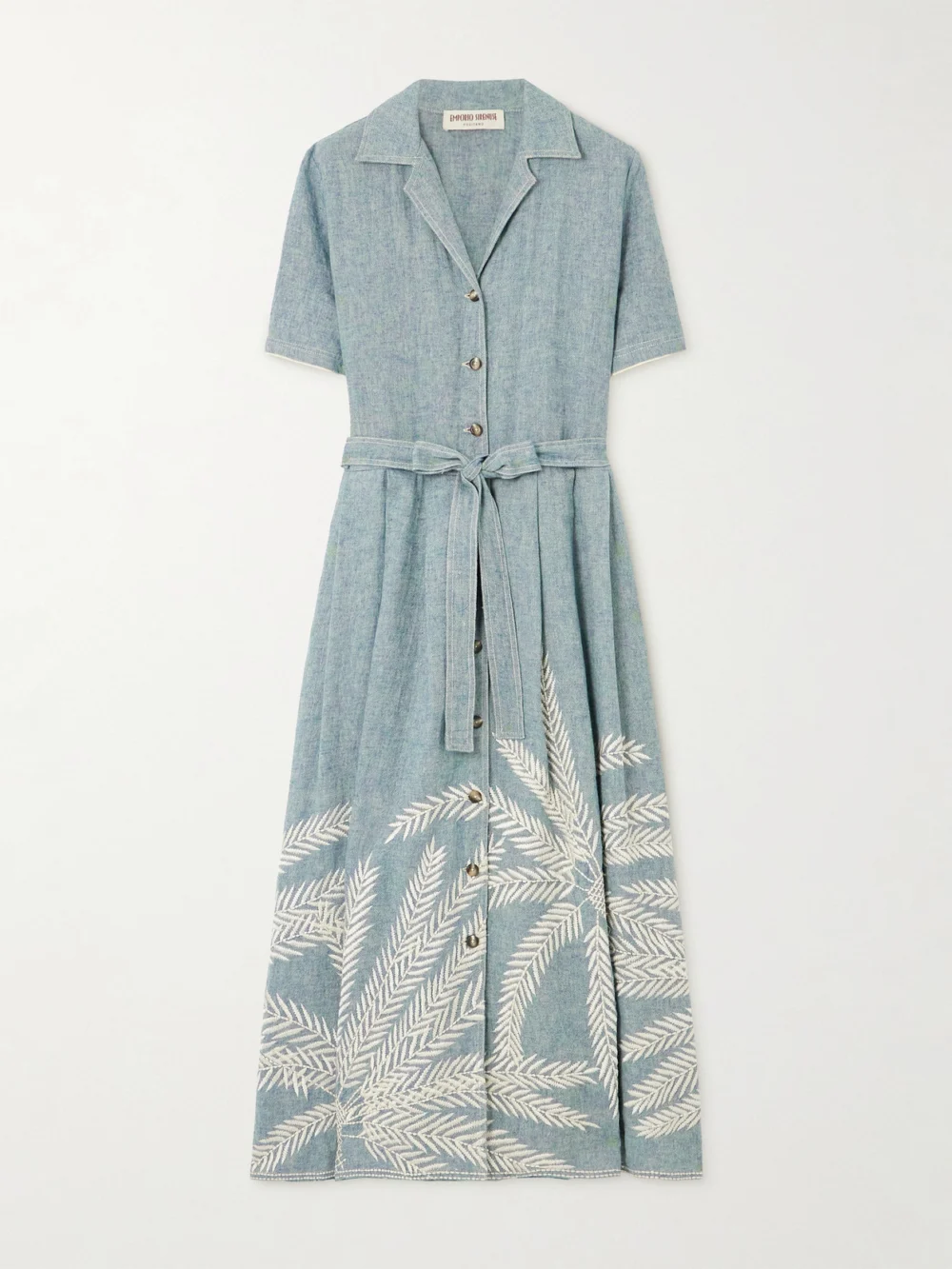 Emporio Sirenuse Claudia Palm Belted Embroidered Ramie and Linen-blend Midi Dress in blue