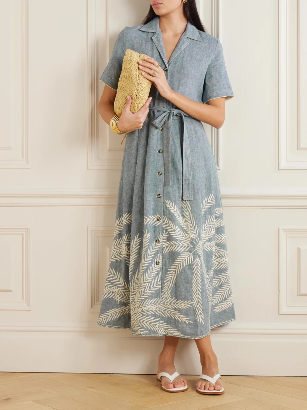 Emporio Sirenuse Claudia Palm Belted Embroidered Ramie and Linen-blend Midi Dress, worn by a model