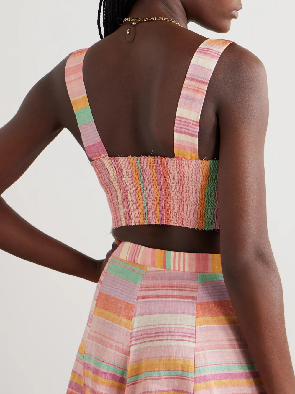 Back view of the Emporio Sirenuse Dalia Frayed Pleated Striped Linen Bustier Top