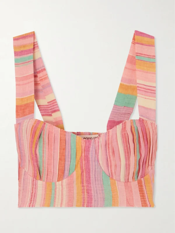 Emporio Sirenuse Dalia Frayed Pleated Striped Linen Bustier Top