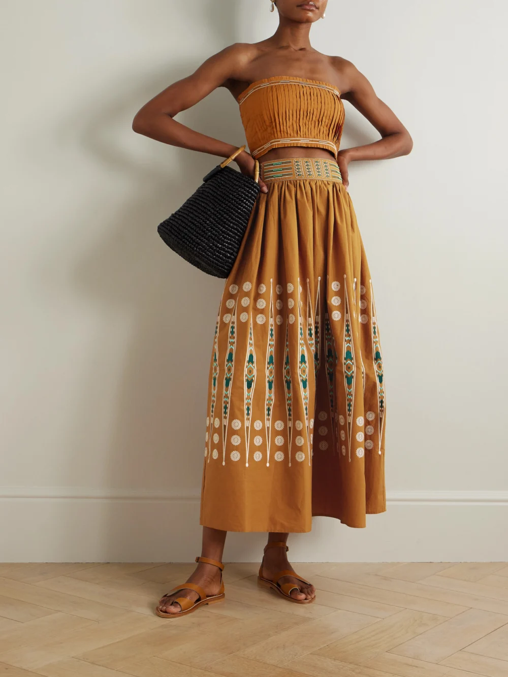 Emporio Sirenuse Flavia Strapless Cropped Embroidered Cotton Top, worn by a model