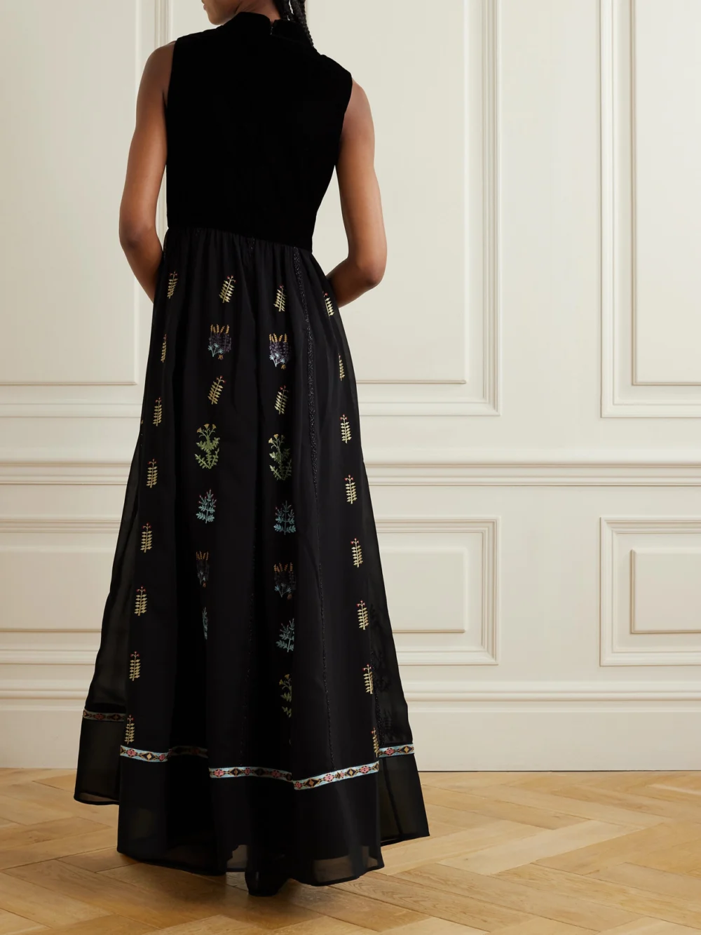 Back view of the Emporio Sirenuse Flossie Embroidered Velvet and Georgette Maxi Dress