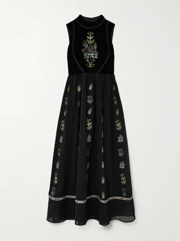 Emporio Sirenuse Flossie Embroidered Velvet and Georgette Maxi Dress