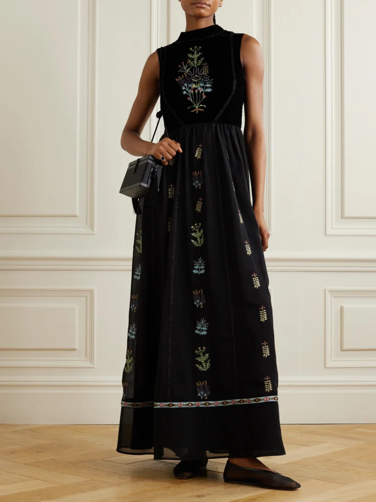 Emporio Sirenuse Flossie Embroidered Velvet and Georgette Maxi Dress