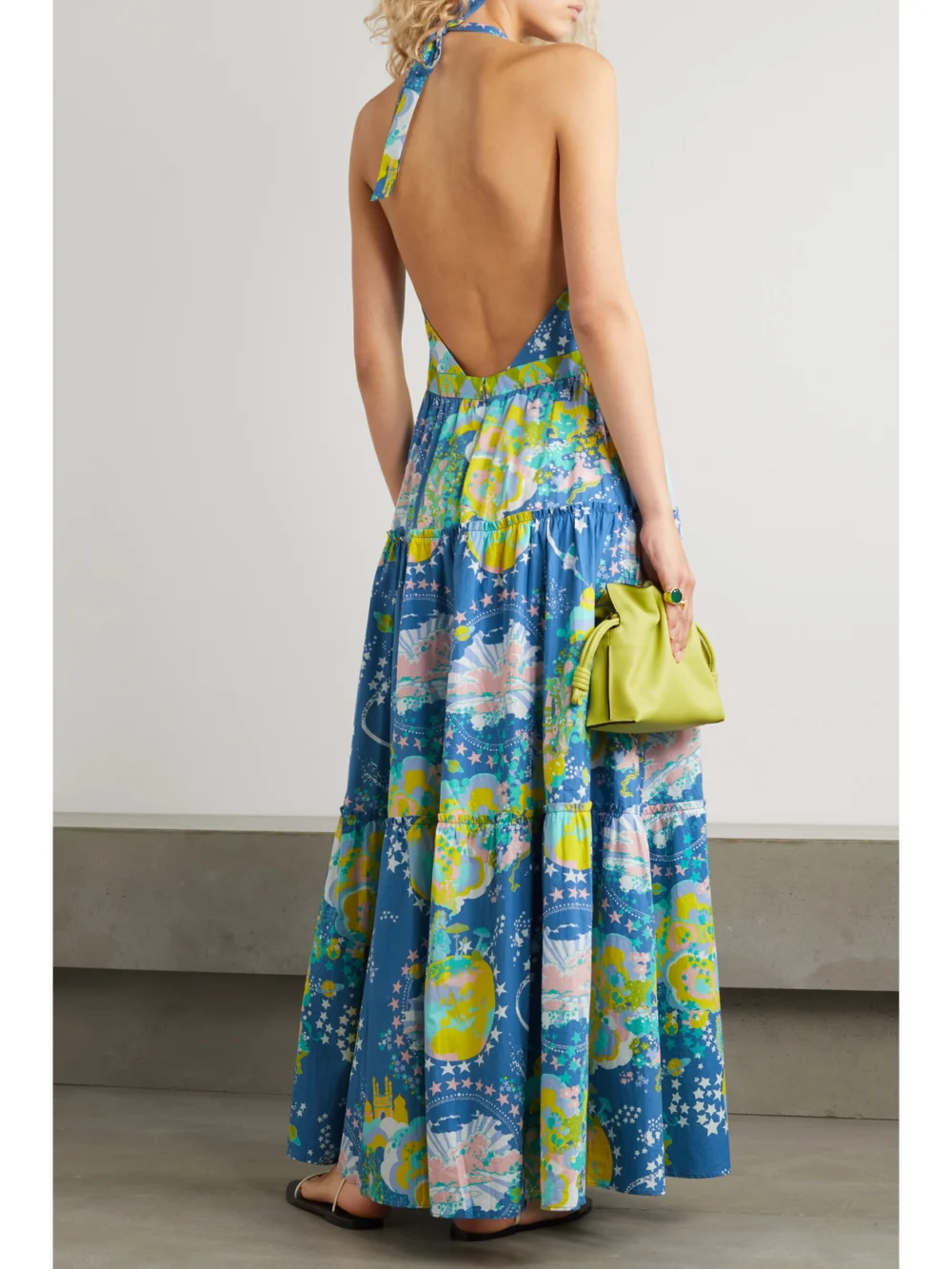 Back view of the Emporio Sirenuse Isotta Tiered Printed Cotton-poplin Halterneck Maxi Dress