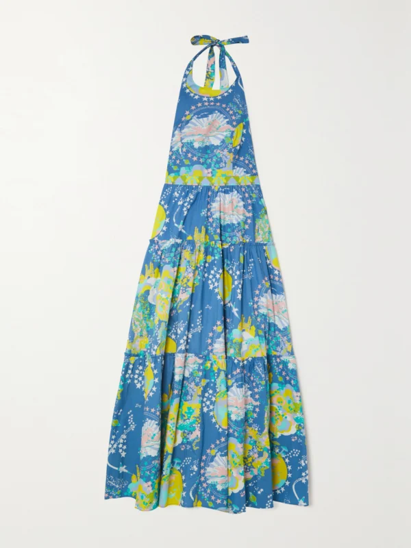 Emporio Sirenuse Isotta Tiered Printed Cotton-poplin Halterneck Maxi Dress
